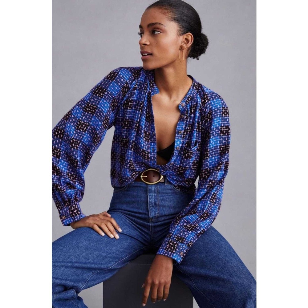 ANTHROPOLOGIE PILCRO Embroidered Plaid Button Up Women Medium Blue Long Sleeve